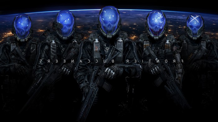 Five futuristic soldiers with blue helmets on Earth