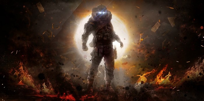 Soldier in futuristic armor in an explosion