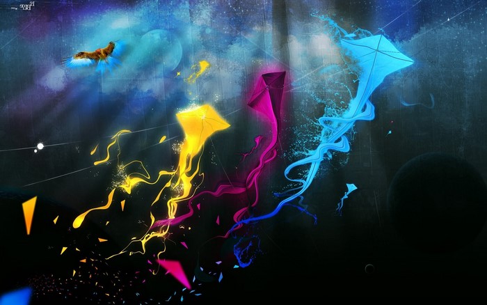 Fantasy art with colorful kites and a bird