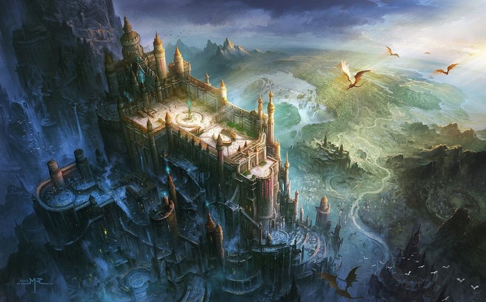 Fantasy castle on a cliff with dragons flying