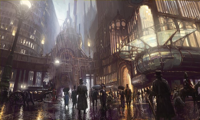 Steampunk city street with people and carriage in rain