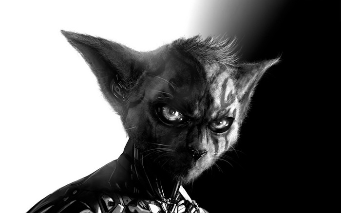 Cyborg cat with tiger stripes and robotic enhancements