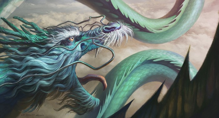 Artwork of a green Chinese dragon in the sky
