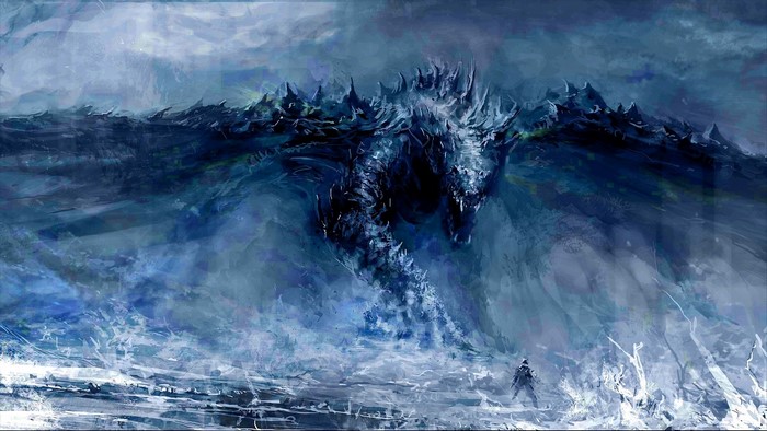 A fearsome dragon emerges from a stormy sea