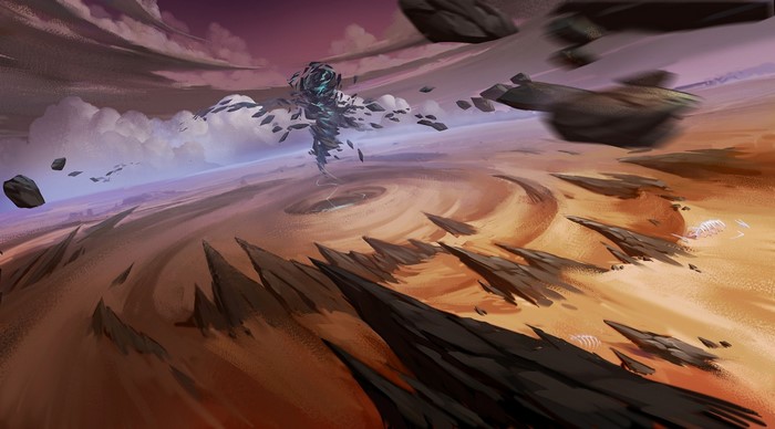 Fantasy desert landscape with swirling debris and a vortex