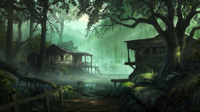 Fantasy swamp with houses and mist