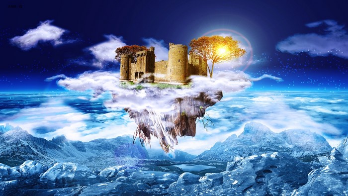 Floating castle on an island with mountains and clouds