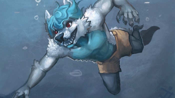 Anthro wolf swimming underwater