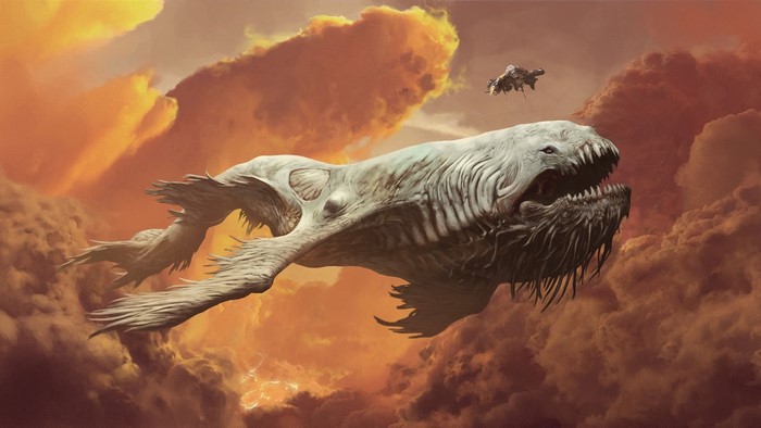 Fantasy art of a leviathan and a spaceship