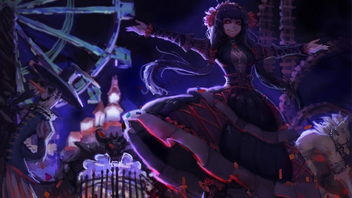 Anime girl in lolita fashion at a carnival