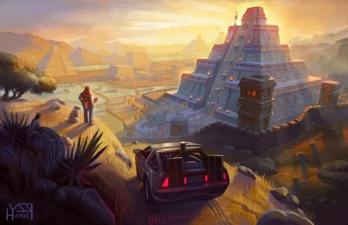Artwork of a DeLorean in front of a Mayan pyramid