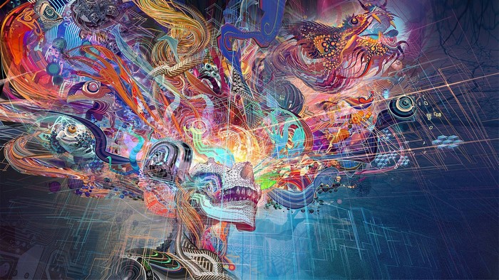 Fantasy art of a skull with colorful abstract elements