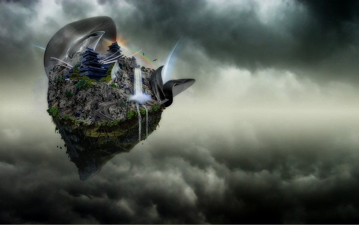 Fantasy floating island with Chinese architecture and waterfalls