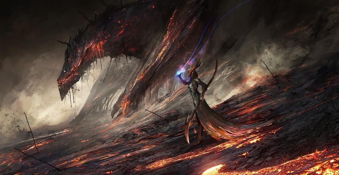 Dragon and sorceress in a lava landscape