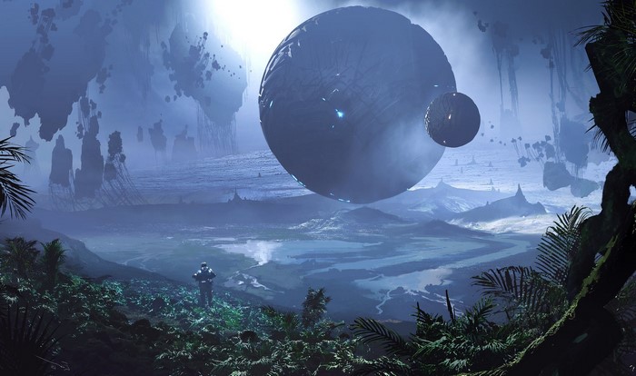 Alien planet with floating spheres and a lone explorer