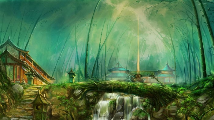 Fantasy art of a forest temple with a waterfall