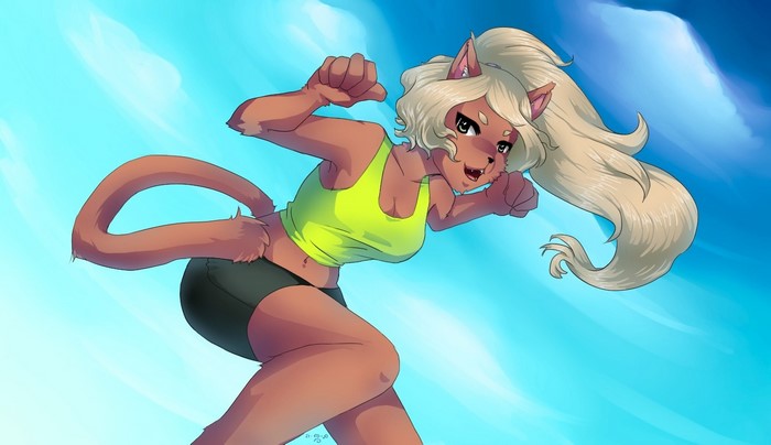Furry anthro character with blonde ponytail