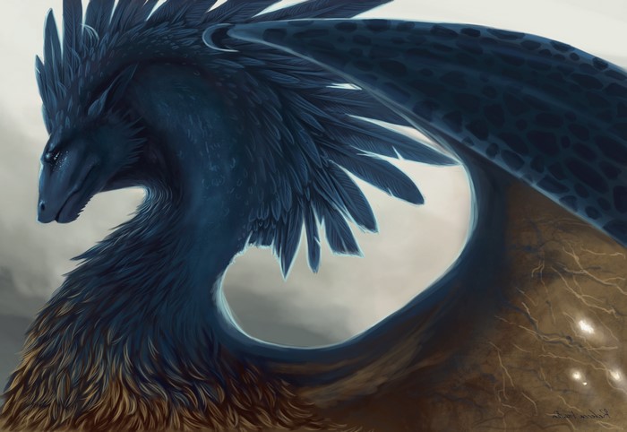 Blue feathered dragon creature with wings