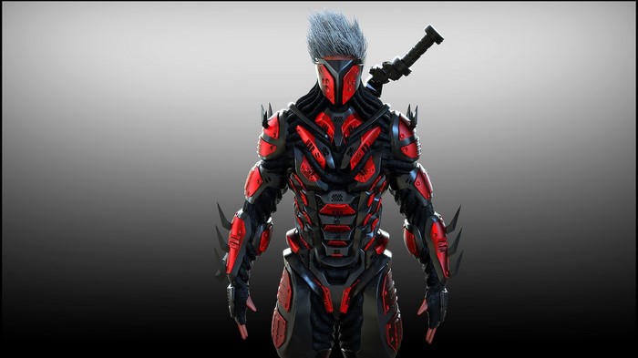 Fantasy warrior in red and black armor with sword