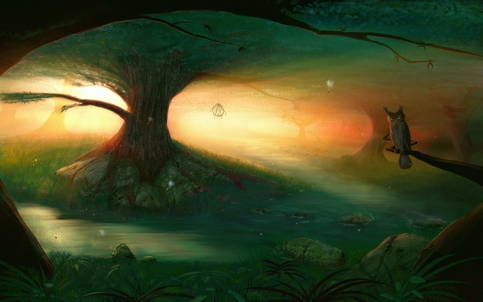 Fantasy forest with owl and large tree at sunset