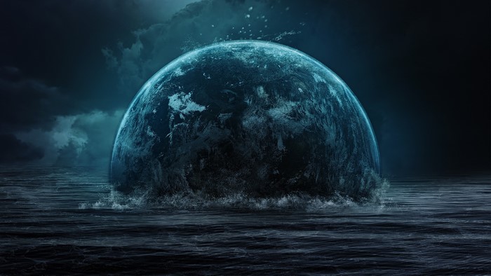 Planet emerging from stormy ocean artwork