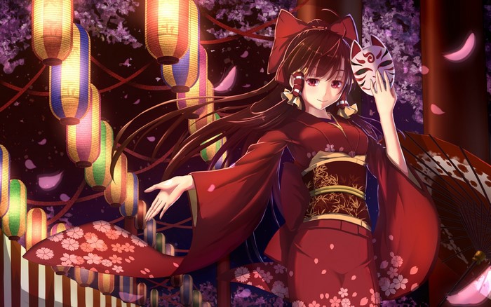 Reimu Hakurei from Touhou holding a mask