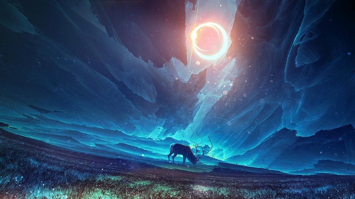 Fantasy art of a deer under a ringed celestial body
