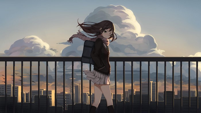 Anime girl with backpack and scarf walking on bridge at sunset