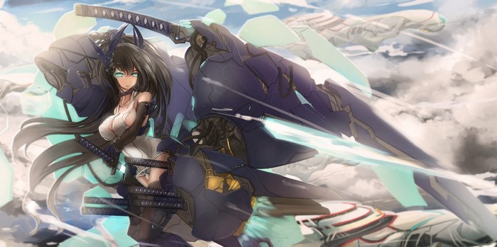 Anime girl with black hair and swords