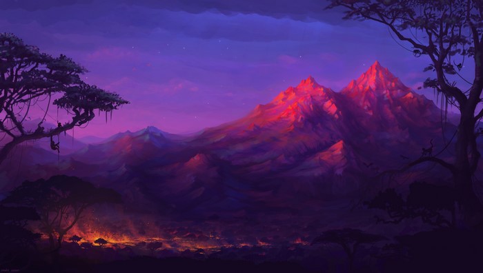 Fantasy landscape with mountains, trees, and monkeys