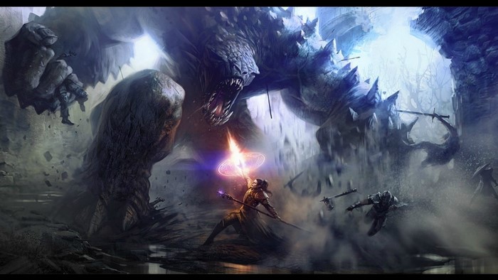 Fantasy art of a warrior fighting a giant troll
