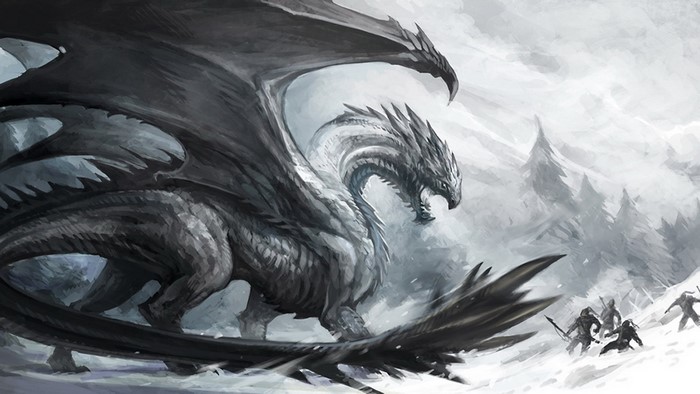 Fantasy art of a dragon in the snow with warriors