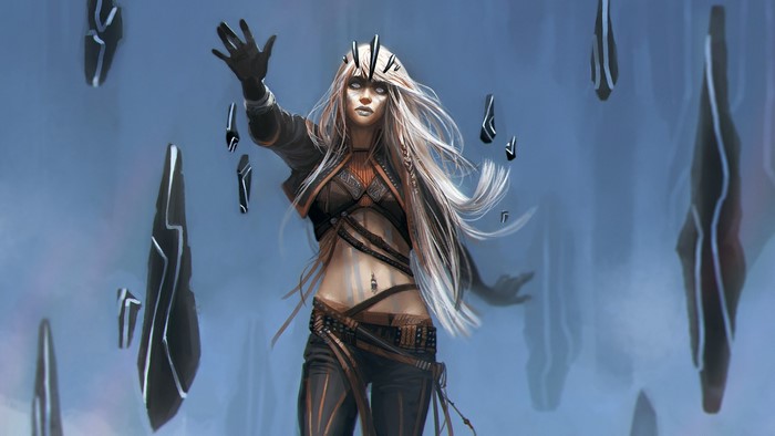 Fantasy art of a woman with white hair and floating rocks