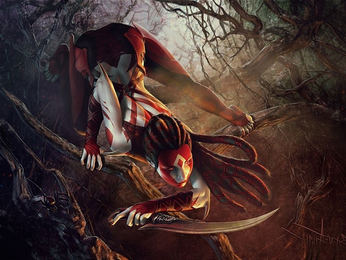 Fantasy art of a woman with a dagger in a forest
