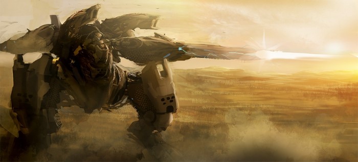 Mech firing weapon in a desert landscape