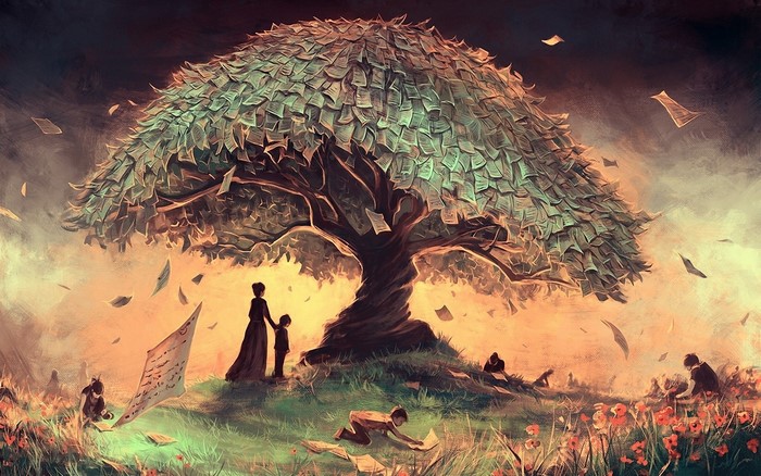 Fantasy tree with paper leaves and people reading