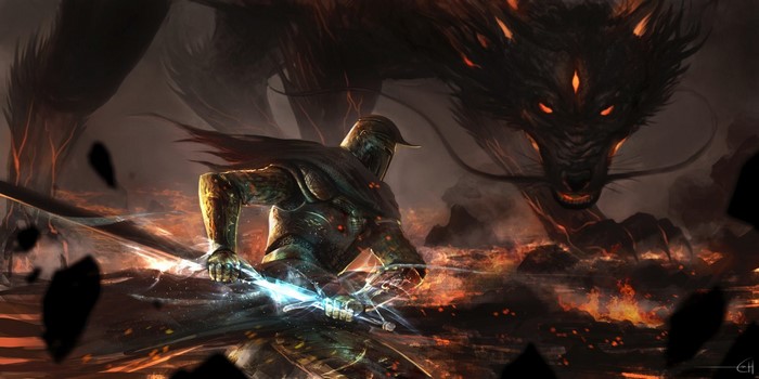 Knight fighting a dragon in a fiery landscape