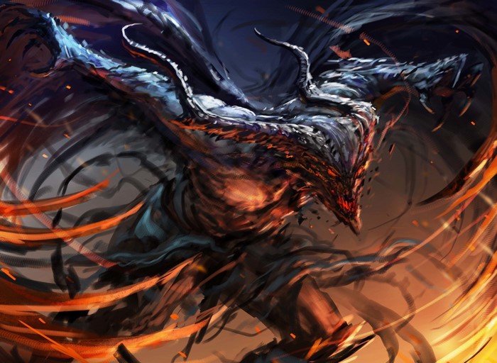 Fantasy art of a demonic creature with horns and wings