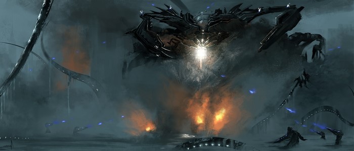 Giant Mech Robot in War Zone with Explosions