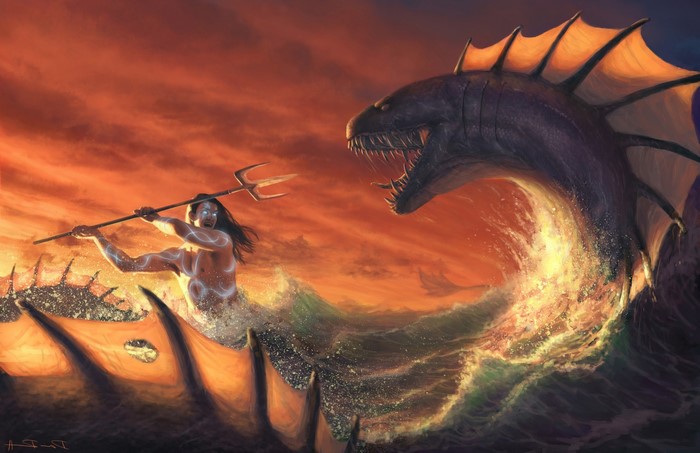 Fantasy art of a merman fighting a leviathan