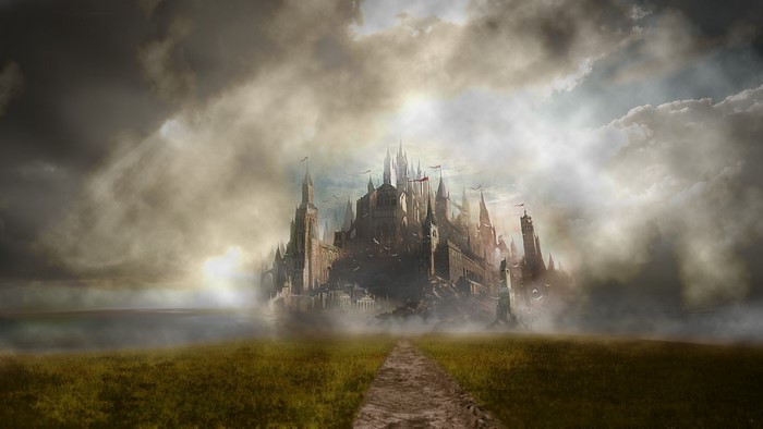 Fantasy castle on a hill under stormy clouds