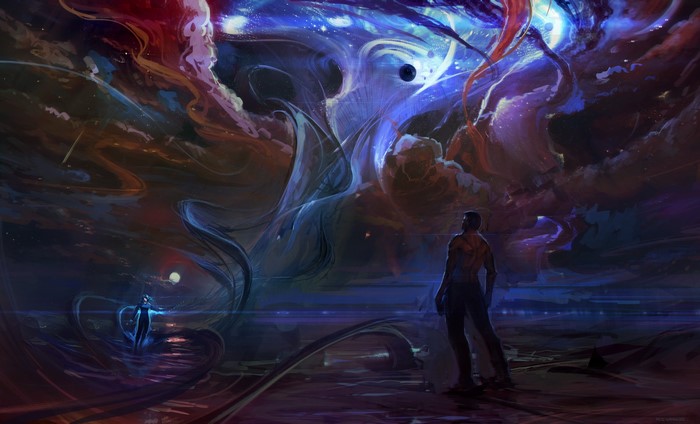 Man looking at a cosmic nebula with planets