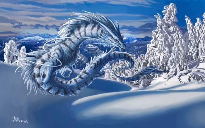Fantasy winter dragon in a snowy forest
