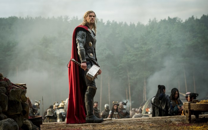 Thor from Thor 2: The Dark World holding Mjolnir