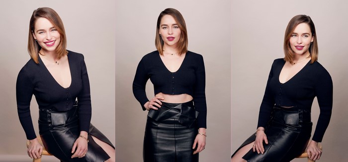Emilia Clarke in black outfit and leather skirt