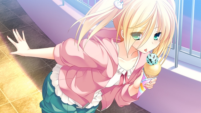 Anime girl with blonde twintails eating ice cream