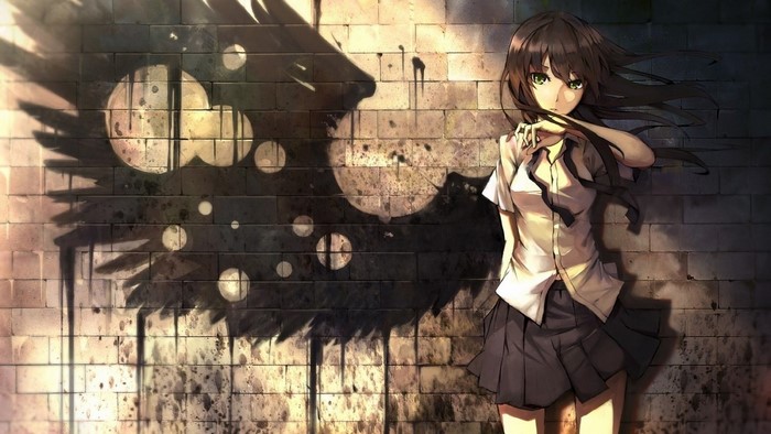 Anime girl with wings shadow on brick wall