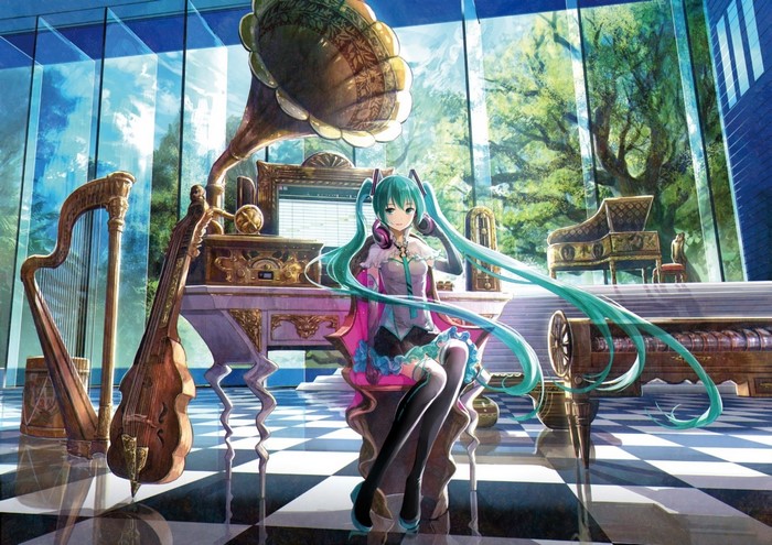 Hatsune Miku in a room with musical instruments