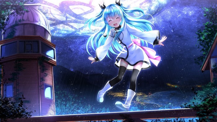 Noel from Sora no Method standing on a railing at night