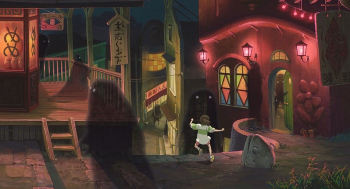 Chihiro and spirits in Spirited Away town